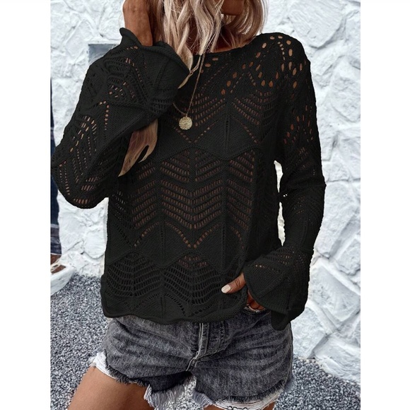 Black Hollow Out Knit Long Bell Sleeve Pullover Light Sweater Boat Neck - Picture 5 of 8